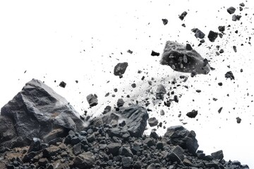 A pile of rocks and debris with smaller rocks flying up and out