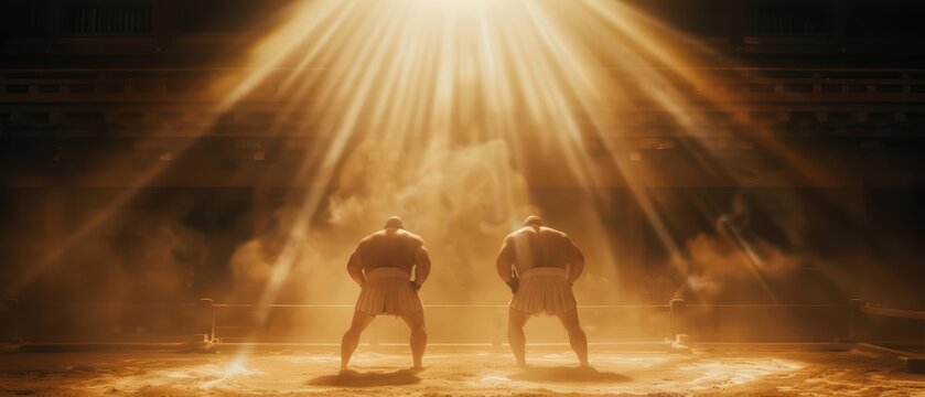 Sumo wrestling match in a traditional dohyo