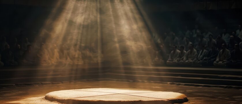 Sumo wrestling match in a traditional dohyo