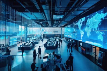 Modern Control Room with Silhouetted Figures and Digital Displays