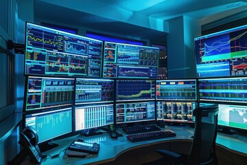 A Wall of Monitors Displaying Financial Data in a Blue-Lit Room