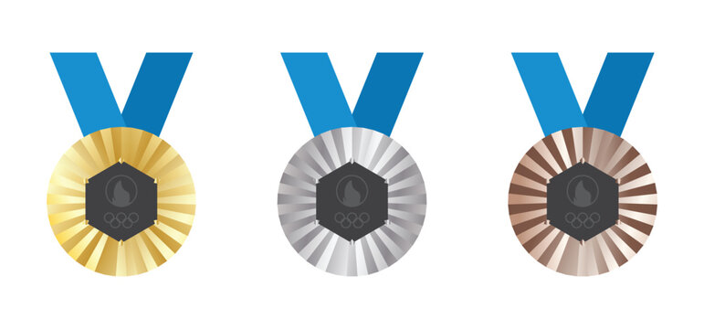 Olympic medal. gold silver and bronze medal with ribbon. paris olympic 2024 medal icon set. transparent png and vector illustration.