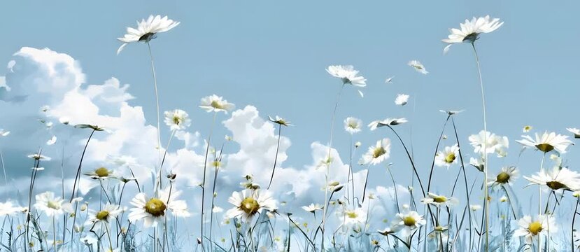Anime illustration of chamomile field as nature background.