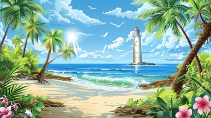 A cartoon style illustration of a tropical beach with palm trees and a lighthouse.