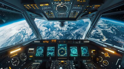 Obraz premium Beyond Earth Futuristic Spacecraft Cockpit with Stunning View of Planet Ideal for Space Tourism Concepts and SciFi Designs