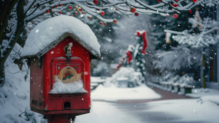 Naklejka premium A charming red mailbox in a snowy landscape, decorated for the festive season, creating a cozy winter atmosphere.