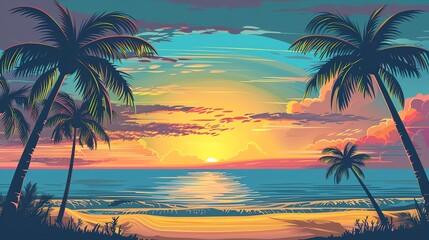 Obraz premium An illustration of a tropical beach with palm trees and a sunset.