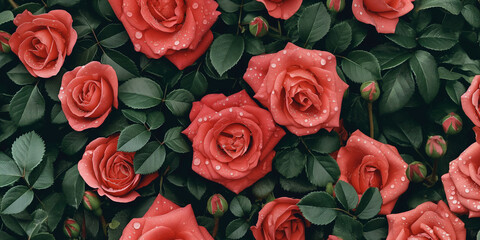 Fototapeta premium a seamless pattern of dewy red roses green stems with leaves. romantic style, super fresh, and covered with morning dewdrops