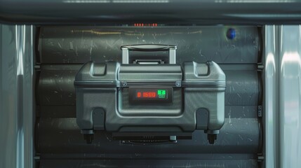 Smart Suitcase Innovative Tech for StressFree Travel Top View of Digital Weight and Lock System at Airport Weigh Station
