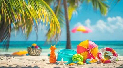 Obraz premium Beach toys and a palm tree on a sunny beach.