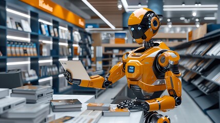 A yellow humanoid robot with a round head and black eyes, holding an envelope in its hand while working behind the counter of a bookstore. The scene is captured from behind with a wide-angle lens,