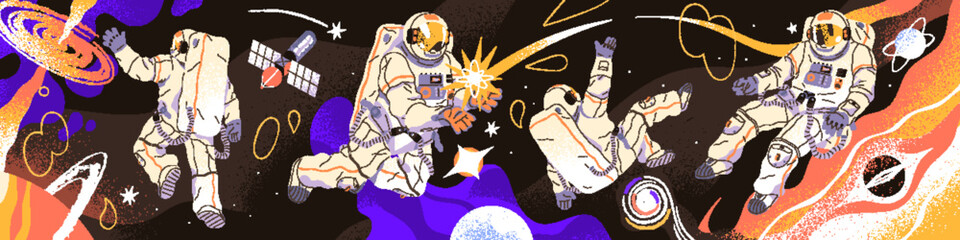 Astronauts flying in outer space horizontal banner. Spacemen are in cosmos. Cosmonauts' flight in outerspace. People in spacesuits, helmets spacewalk between planets, stars. Flat vector illustration