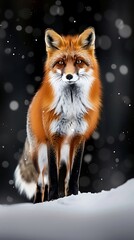 Obraz premium hyper realistic orange fox standing in the snow, black background, glowing blue eyes, snowflakes falling, full body portrait, bright white fur with grey accents on the chest and tail, black sky with