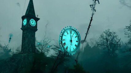Low-angle wide shot: Ethereal forest of towering clock towers and gears. Glowing cyan timepieces illuminate misty landscape. Blends mechanical precision with natural mystery.	
