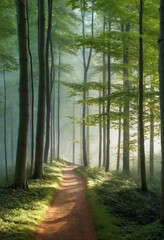 Hiking trail through natural green beech forest