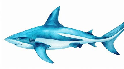 Fototapeta premium Vivid handdrawn blacktip reef shark, showcasing its grace in watercolor against a clean white backdrop, perfect for marine art lovers.