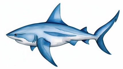 Vibrant bull shark illustration in watercolor, showcasing its fierce yet graceful nature amidst a white backdrop. Ideal for ocean lovers.