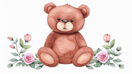 Obraz premium Delight in this charming teddy bear surrounded by blooms, expertly crafted in a beautiful watercolor style. Heartwarming and sweet