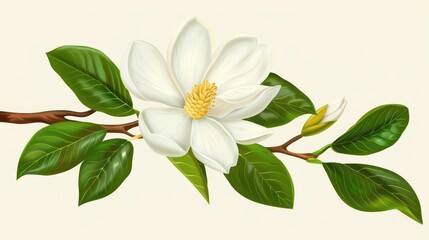 Obraz premium Delicate magnolia flower on a clean background, showcasing vintage botanical illustration elegance and intricate detail.