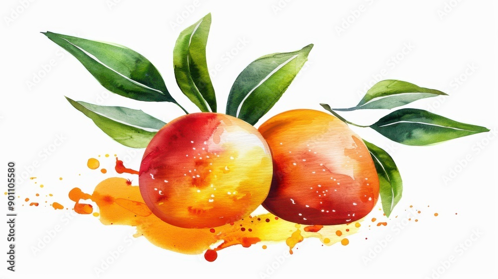 Poster A vibrant mango watercolor painting set against a clean white backdrop, showcasing the fruits lush texture and colors.