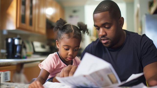 The father and daughter are looking at the paper