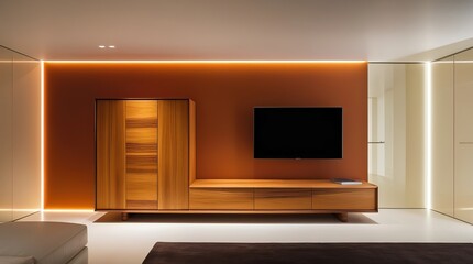 A sleek, modern living room showcases a warm, honey-toned wooden TV cupboard against a vibrant, burnt orange wall, adhering to a minimalist aesthetic with clean lines and sparse decor