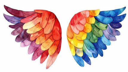 Obraz premium A vibrant watercolor depiction of angel wings, featuring a rainbow array of colors against a clean white backdrop.