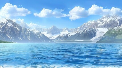   A painting captures a majestic scene of a mountain range with a water body in front and snow-capped peaks behind