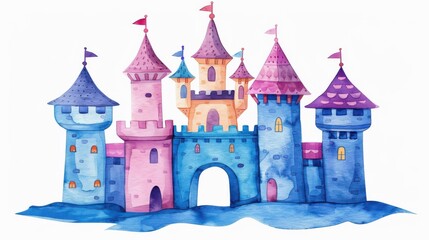 Obraz premium Delightful watercolor castle brings magic to life. Perfect wall decor for a childs room, evoking fairytale dreams.