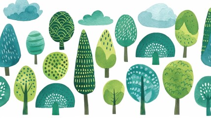 Charming watercolor forest illustration featuring an abstract park view in a horizontal repeating border design. Ideal for decor.