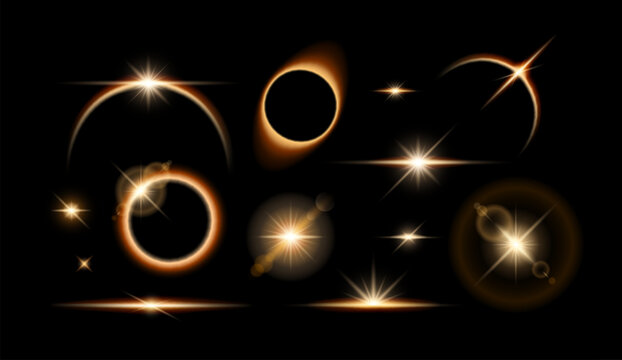 Realistic lens flare light overlay cosmic effect set. Total solar eclipse with shining star, glowing sunlight circle, dawn over the planet on black background. Vector light effects in black space.