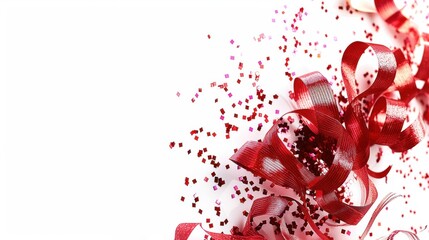 Festive red ribbon and confetti on a white background, perfect for celebrations, parties, and holiday season decorations.