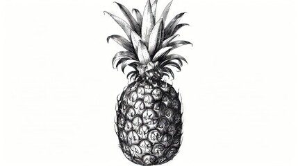   A monochrome illustration of a pineapple against a white backdrop, with the word pineapple written underneath