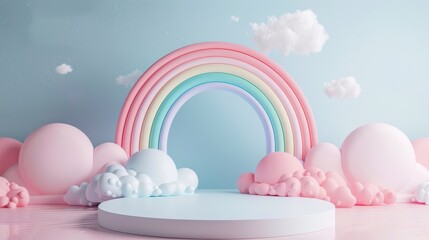 Minimal product podium stage with multicolor pastel color rainbow and cloud for presentation background,pink and blue concept,Template for advertising, presentation cosmetic produce,showcase.