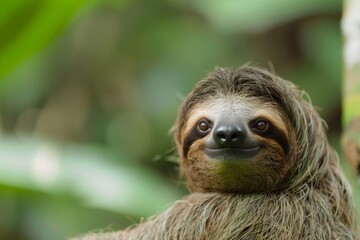 Naklejka premium Close-up Portrait of a Smiling Sloth in a Lush Green Forest