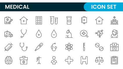 Set of Medical web icons in line style. Medicine and Health Care, RX. Medicine, check up, doctor, dentistry, pharmacy, lab, scientific discovery, collection.