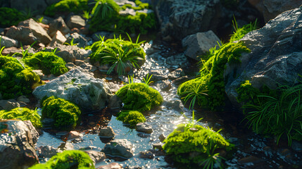green moss on river stones