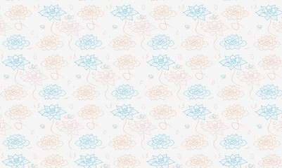 Hand drawn vector seamless pattern of blue and pink flowers on a beige background. Monochrome abstract floral background