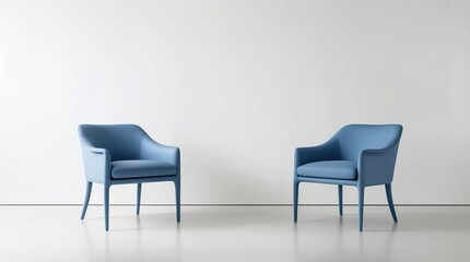 A sleek and modern room with plain white walls that provide a clean backdrop for a pair of blue armchairs, showcasing a minimalist concept with simplicity and elegance