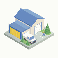 Freight truck near warehouse hanger isometric illustration on a isolated white background (7)