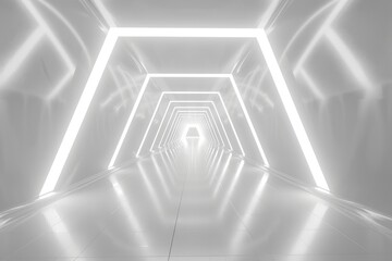 Naklejka premium A white corridor with glowing lights and a reflective floor