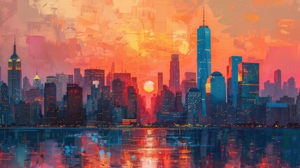 Vibrant Sunset Over New York City Skyline Reflected in Calm Waters. Generative AI