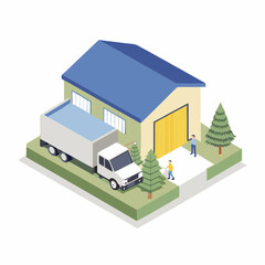 Freight truck near warehouse hanger isometric illustration on a isolated white background (16)