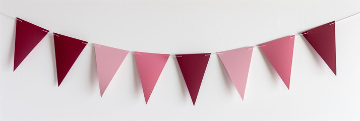 Fototapeta premium Pink burgandy red ombre pennant banner minimalist decoration event celebration garland triangle flags bunting wedding birthday baby shower valentines festive indoor decor white background mockup