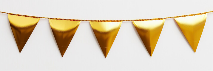Gold metallic pennant banner triangle garland elegant festive event decoration wedding birthday party holiday celebration minimalist decor hanging bunting shiny reflective indoor outdoor design mockup