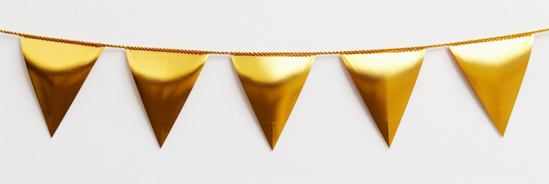 Gold metallic pennant banner triangle garland elegant festive event decoration wedding birthday party holiday celebration minimalist decor hanging bunting shiny reflective indoor outdoor design mockup
