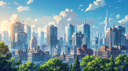 Fototapeta premium Vibrant City Skyline Under Bright Blue Sky Surrounded by Lush Green Trees in Daylight. Generative AI