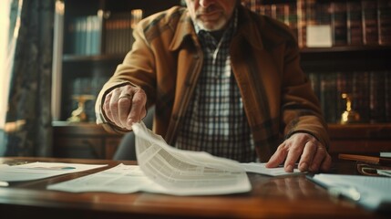 Elderly man standing at a desk in a home office, sorting through various documents and papers, emphasizing organization and focus.