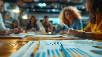 A team collaborates around a table filled with financial reports and charts, engaging in a focused business discussion in a modern office.