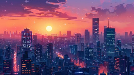 Obraz premium Stunning Sunrise Over a Bustling City Skyline With Colorful Clouds and Illuminated Buildings. Generative AI